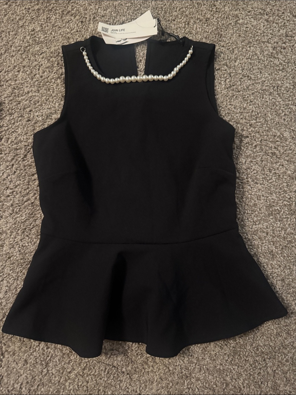 Zara Black Sleeveless Peplum Top with Pearl Neckline